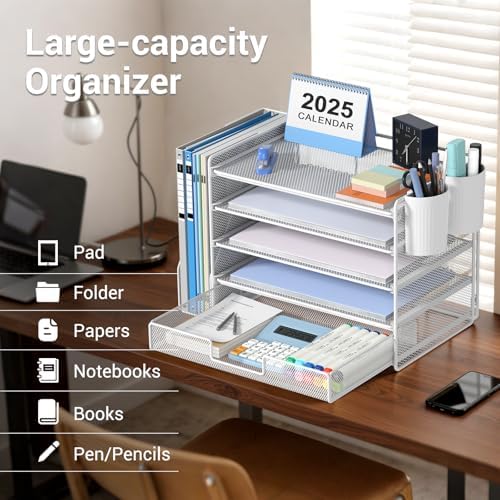 OPNICE Desk Organizer, 5-Tier Desktop File Organizer with Drawer and Pen Holders, Office Desk Accessories, File Sorters, Workspace Organizers for Office Supplies(White) - Image 3