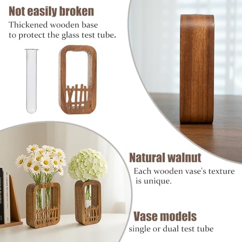 Walnut Wood Terrarium Planter - 2 Glass Test Tube Vase & Boho Plant Stand for Hydroponics, Home Office Desk Decor, Unique Housewarming Birthday Gifts for Women Plant Lovers - Image 4