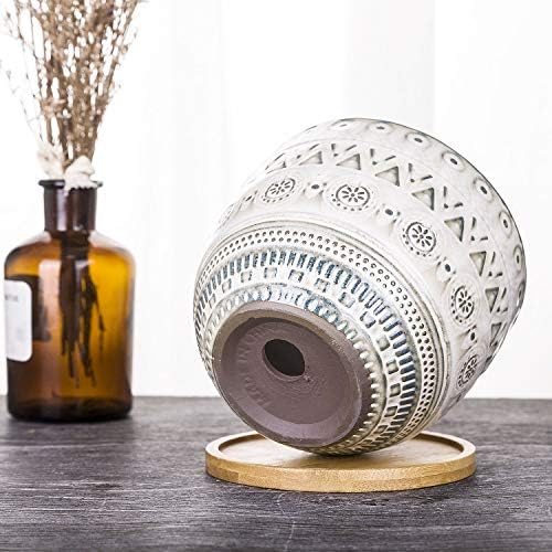 VanEnjoy 5.6 inch Large Round Bohemian Style Ceramic Planter, Geometry Engrave Off White Brown Succulent Planter Flower Pot, Indoor Outdoor Decorative Planter - Image 3