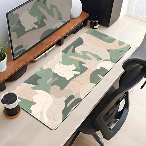 Green Simple Cat Desk Mat Sleeping Cute Long Cool Mouse Pad for Laptop Gaming Computer Keyboard Pad Office Decor Desk Pads Accessories On Top of Desks Office Supplies Mat (31.5x11.8In) Stitched Eges - Image 4