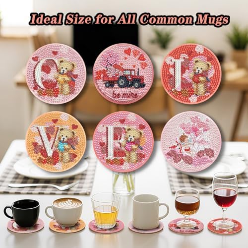 Zynlio Valentine's Day Diamond Art Coasters Kit with Holder,Pink Sweet Love Diamond Painting Coasters with Cork Bases,DIY Round Drill Gem Painting Art Crafts for Holiday Gifts - Image 6