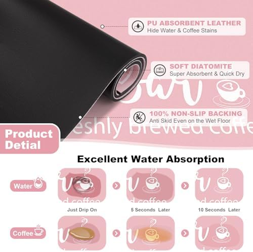 Findosom Dish Drying Mat, 12" x 20" Super Absorbent & Hide Stain Coffee Mat, Cuttable Drying Mat for Kitchen Counter, Coffee Bar Accessories, Under Dish Rack, Coffee Maker, Espresso Machine, Pink - Image 3