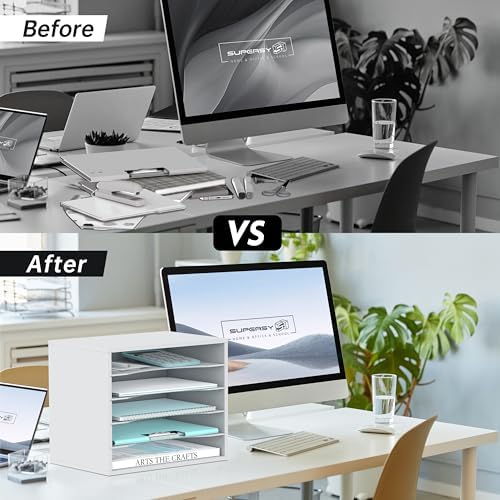 5 Tier Wood Desk Organizer, Mail Sorter and Paper Organizer for Desk, White - Image 6