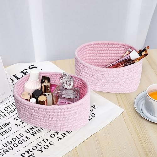 【2 Pack】ABenkle Small Woven Baskets, Tiny Oval Shallow Storage Baskets, Mini Cotton Rope Empty Decorative Basket, Boho Little Organizer Bins for Bathroom, Cat Dog Toy Gifts Baskets - Image 5