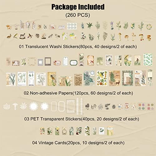 Esweny 260PCS Vintage Journaling Scrapbooking Supplies Scrapbook Sticker Paper Ephemera Pack for Junk Journal Planners Collage Craft Notebooks Album (Plants and Birds) - Image 2