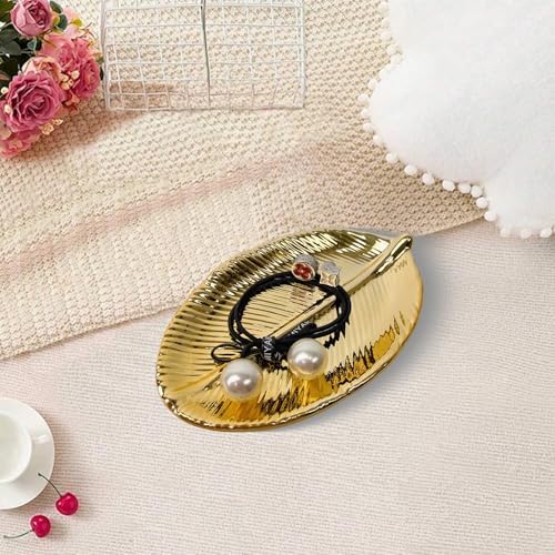 Trinket Dish Decorative Bowl - Jewelry Dish Tray Golden Leaf Shaped Ceramic Ring Bracelet Necklace Holder for Birthday Party Wedding Womens Ladies Girls Small - Image 5