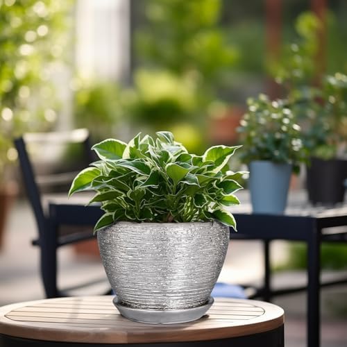 Ceramicfor Ceramic Planter - 6 Inch Plant Pot Indoor with Drainage Hole and Saucer Outdoor Pot for Plants Round Decorative Planter Modern Mid-Century Flower Pot for Office Decor Silver - Image 2