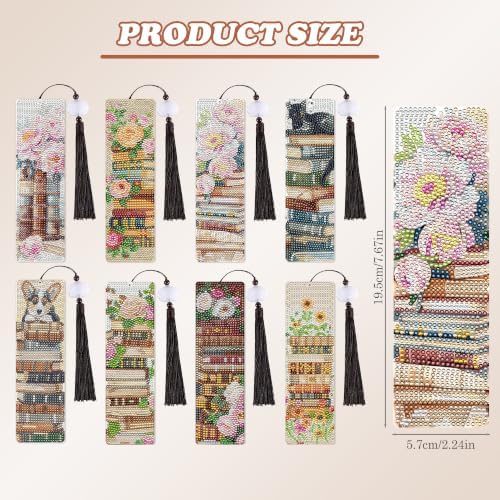 8 Pack Diamond Painting Bookmark of Vintage Floral Book Theme with Tassel - Image 3