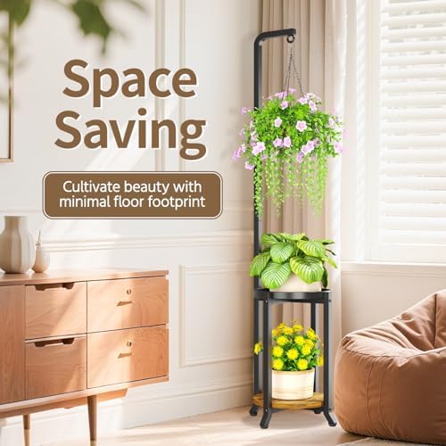 LASZOLA Hanging Plant Stand Holder Indoor Outdoor Tall, 2 Tier Black - Image 6