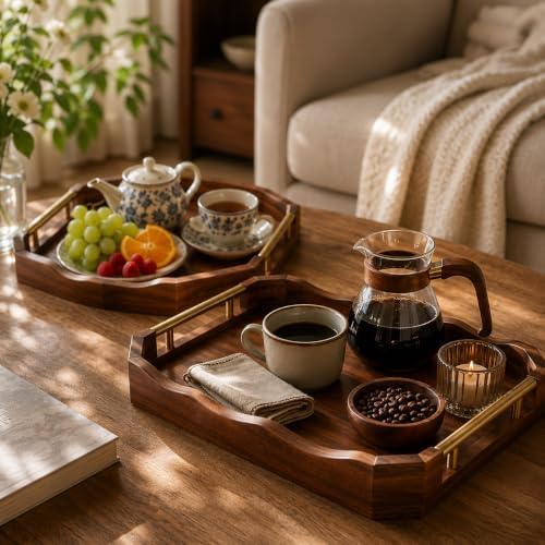 Walnut Wood Serving Tray with Handles, Decorative Coffee Table Tray for Tea, Coffee, Fruit, Snacks, Ottoman and Living Room - Image 3