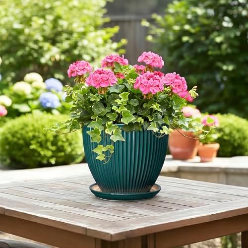 Ceramic Planter, 8 Inch Plant Pots with Drainage Hole and Saucer, Round Flower Pots for Indoor Plants, Modern Decorative Pot for Plants, Bathroom Decor, Gifts for Plant Lovers, Blackish Green - Image 4