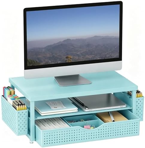 gianotter Desk Organizers and Accessories, Monitor Stand with Drawer and 2 Pen Holder, Desktop Organizer Suitable for Offices and Dormitories (Blue-Plain) by gianotter