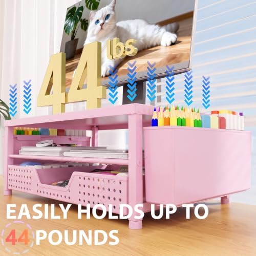 OPNICE Desk Organizers and Accessories, Computer Monitor Stand Riser with Drawer and 2 Pen Holders, Printer & Laptop Stand, Office Desk Accessories & Workspace Organizers for Home Office Supplies, Pink - Image 6
