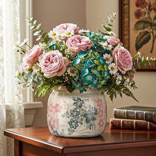 Vintage Planter Large Ceramic Plants Pot Green Pink Rose Pot - Image 4