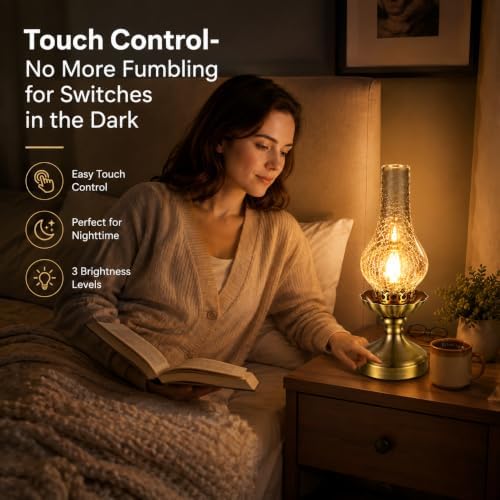Vintage Brass Table Lamp with Clear Glass Shade,Touch Control & 3 Way Dimmable Farmhouse Bedside Lamp for Bedroom, Living Room, Cabin, Office (LED Bulb Included) - Image 2