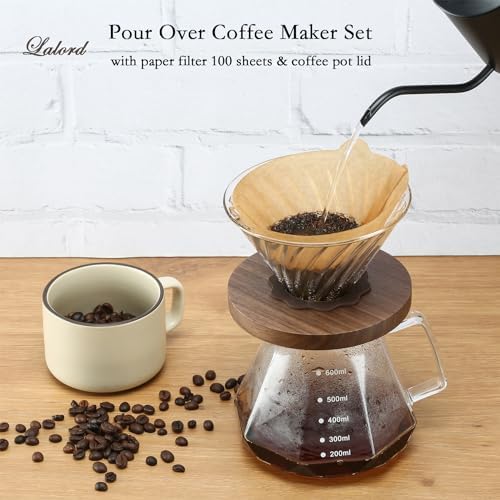 Lalord Pour Over Coffee Maker, 20 oz Borosilicate Glass Carafe with 100 pcs V60 Paper Filter, Walnut Handle & Glass Lid, Drip Coffee Maker for Home Café Restaurant Camping, 600 ml, Clear - Image 2