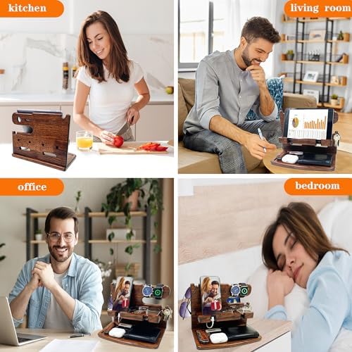 VEIYAILU Gifts for Men Boyfriend Dad Husband Him Wood Phone Docking Station Nightstand Organizer for Men (Walnut) - Image 2