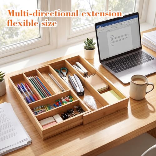 Briwooody Bamboo Sliding Desk Drawer Organizer 9.4'' up to 18'' x 15'' x 2'' Expandable Office Desk Accessories Supplies Tray with 7 Compartments for Pens, Notebooks, Rulers, and Makeup Jewelry Vanity - Image 3