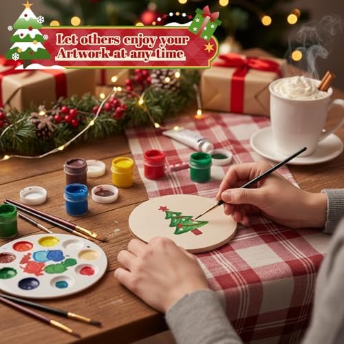 Reallnaive 45 Pcs Christmas Wooden Coasters Painting Kit, 4 Inch Paint Your Own Boho Coasters with Markers, Arts and Crafts for Adults Women Seniors Elderly Crafters Gifts - Image 6