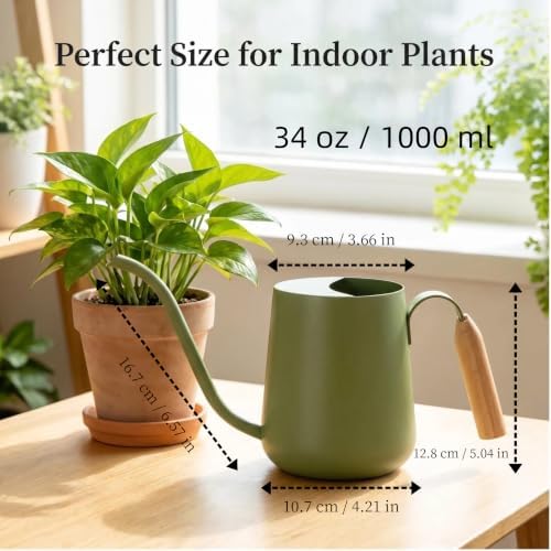 34oz Capacity, Indoor Plants Watering Can with Long Spout, Green Metal with Wood Handle (Green) - Image 2