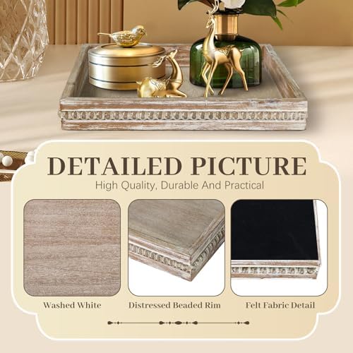 Wooden Decorative Tray, Small Serving Tray with Wood Bead, Farmhouse Big Tray for Ottoman, Countertop, Coffee Tabl, 13" x 13"x 1.6" (White Washed) - Image 6