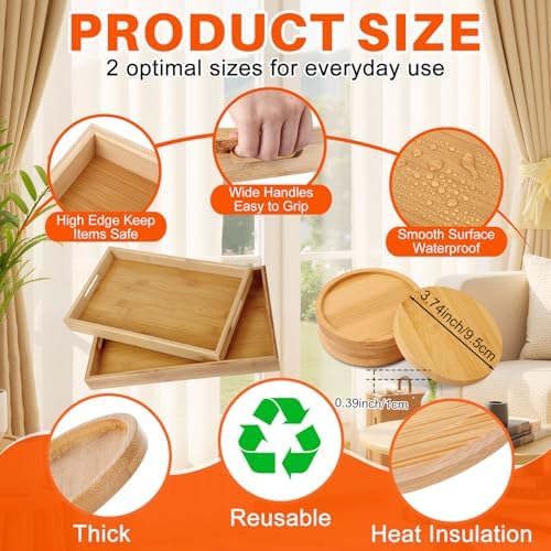 2 Pcs 14 x 9 Inches Bamboo Serving Tray with Handles and 4 Pcs 3.74 Inches Coasters Trays for Serving Food for Breakfast Dinner Coffee Snacks Suitable for Living Room Bedroom Kitchen - Image 3