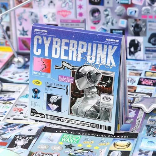 Sticker Book for Junk Journal Supplies, Cyberpunk Retro Futuristic 30 Sheets DIY Scrapbook Stickers with Glitter Glossy Matte Foil, 125x125mm Blue, for Scrapbooking Journaling by JUNKJWBZ%7CPeelStickInspir