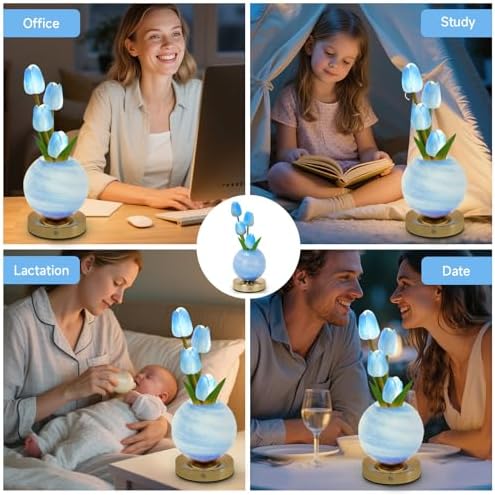Tulip Table Lamp, Rechargeable Cordless Touch Dimming Artificial Tulip Flower Desk Lamp, LED Flower Bedside Night Light Romantic Gifts for Girl Women Mom (Blue) - Image 6