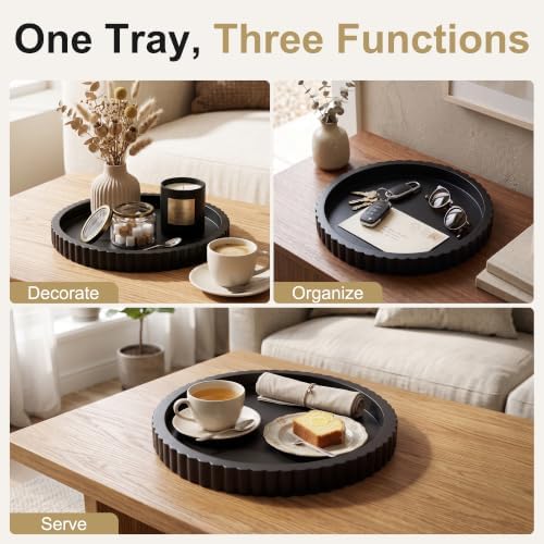 FGU Round Wood Decorative Trays for Coffee Table Home Decor, Black - Image 4