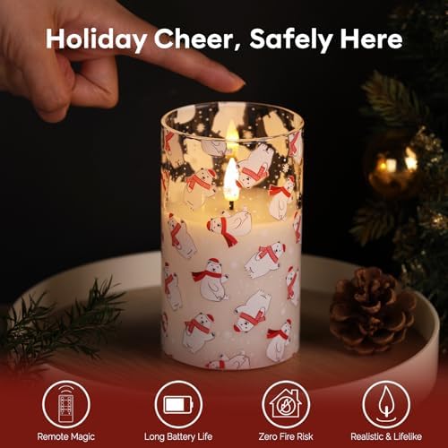 Eywamage Christmas Glass Flameless Pillar Candles with Remote, Flickering LED Battery Candles Bear Holiday Winter Table Decor Gift Set of 3 - Image 5