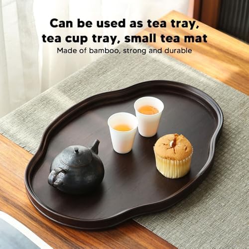 14.5 Inch Walnut Color Oval Shape Bamboos Tea Tray Multifunctional Textured Coffee Table Serving Tray for Guest Reception - Image 5