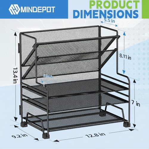 MINDEPOT 4-Tier Paper Organizer + 3-Pocket File Holder, Desktop File Organizers Paper Tray for Office School Classroom Workspace Organization (Black Desk Organizer, No Drawer & No Pen Holder) - Image 2