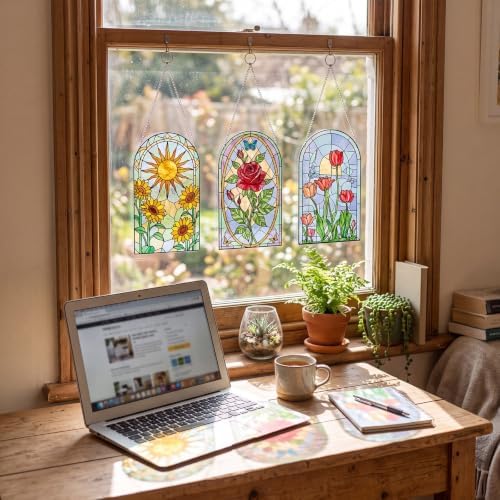 Humyoun 36 Pcs Suncatchers Crafts Kit DIY Paint Art Stained Glass Painting Craft Kits 24 Markers and 12 Suncatchers for Adults Home Decor Creative Projects (Window Flower) - Image 5