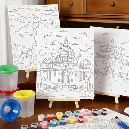 Sherr 140 Pcs 20 Set Pre Drawn Canvas Painting Kit, Landmarks - Image 6