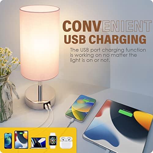 Yarra-Decor Bedside Lamp with USB Port - Touch Control Table Lamp for Bedroom 3 Way Dimmable Nightstand Lamp with Round Pink Fabric Shade for Living Room, Dorm, Home Office (LED Bulb Included) - Image 3