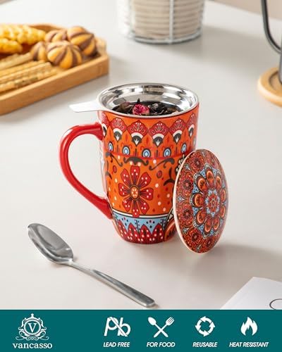 vancasso 18 Oz Tea Infuser Mug with Lid, Crimson Sunburst - Image 3