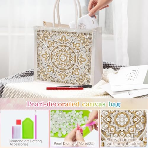 Xylzzuit DIY Pearl Painting Canvas Tote Bag Kit 11.42IN Diamond Art Handbag for Women Shopping Grocery Bag Dots Beads Art Craft Gift (Mandala) - Image 5