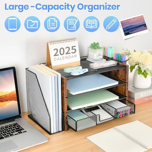 OPNICE Desk Organizer, 4-Tier Desktop File Organizer with Drawer and Pen Holders, Office Desk Accessories, File Sorters, Workspace Organizers for Office Supplies(Brown Wood) - Image 2