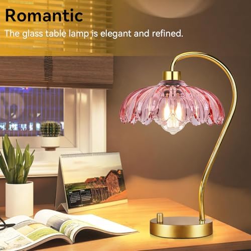 ILLMTW Pink Table Lamp Set of 2,Small Gold Bedside Lamps Dimmable Flower Bedroom Lamp with Glass Lamp Shade,Boho Vintage Mid Century Modern Mini Nightstand Lamp for Bedroom Living Room - Image 3