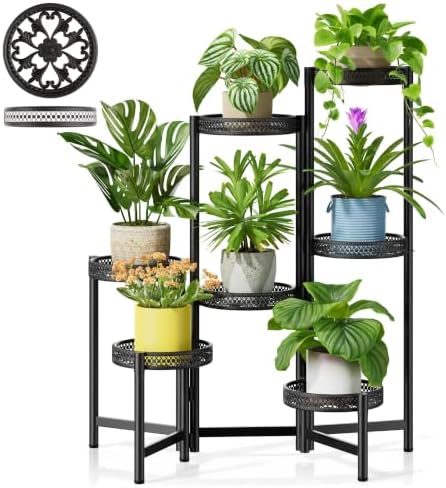 7 Tier Large Metal Plant Stand Indoor Outdoor with 7.9 Inch Wide Tray, Tiered Corner Plant Stand, Flower Display Holder Shelf, Folding Tall Rack for Patio Porch Balcony Living Room Garden - BlackWave by Unknown