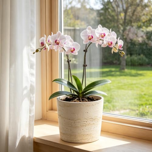Ekirlin 7 Inch Natural Travertine Textures Plant Pot, Resin Outdoor Planter with Drainage Hole, Removable Rubber Stopper and Non-Slip Soft Pad,Weatherproof Decorative Pot for Indoor/Garden Plants - Image 5
