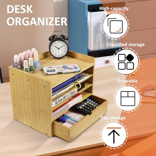 KKTONER 5-Tier Bamboo Desk Organizer with Drawer Tabletop File Organizer Document Holder with Shelf Desktop Cabinet for Home Office School Supplies (Natural) - Image 2