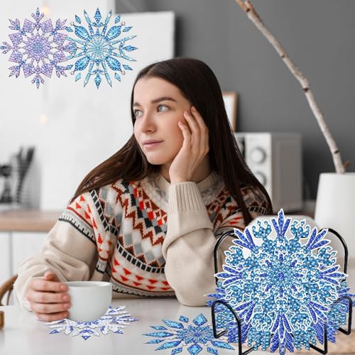 Demonwer 8 Pieces Snowflake Diamond Art Coasters Kits DIY Christmas Diamond Coasters with Holder 5d Snowflake Diamond Dot Coaster for Adults Diamond Painting Kits Supplies - Image 6