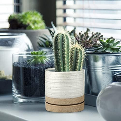 HERDUK 6 Inch Plant Pots, Ceramic Planter Pot with Drainage Hole & Saucer, Indoor/Outdoor Cylinder Round Planter Pot, White & Beige Glaze - Image 6