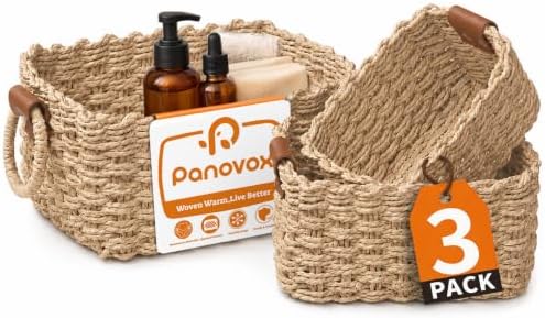 Small Wicker Baskets, 3 PCS Paper Rope Baskets for Shelves, Beige by Panovox