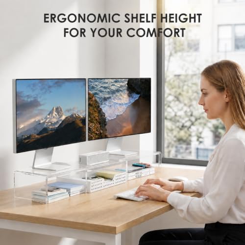 OPNICE Clear Acrylic Desk Organizers and Accessories, Dual Monitor Stand Riser with Drawer and 2 Pen Holders, Desk Shelf Printer Stand for Office Workspace Organizers, Desktop Organization (Transparent) - Image 2