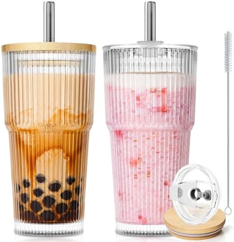 KEMORELA 20oz Ribbed Glass Tumblers with Bamboo Lids & Straws, Boba Cups by KEMORELA