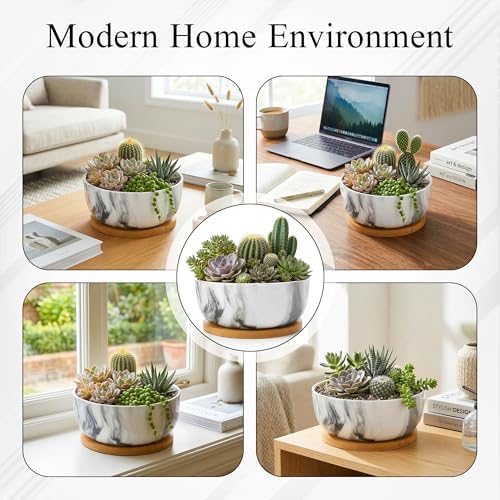 Pastel Marble Inspired 8 Inch Ceramic Succulent Planter with Drainage Hole & Bamboo Tray – Large Wide Round Pot Decorative for Indoor Plants, & Cactus - Image 4