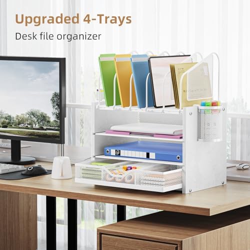Marbrasse Desk Organizer with Drawer, 4-Tier Wooden File Organizer with 5 Vertical File Holders and 2 Pen Holders, Desk Organizers and Accessories for Home Office - White - Image 3