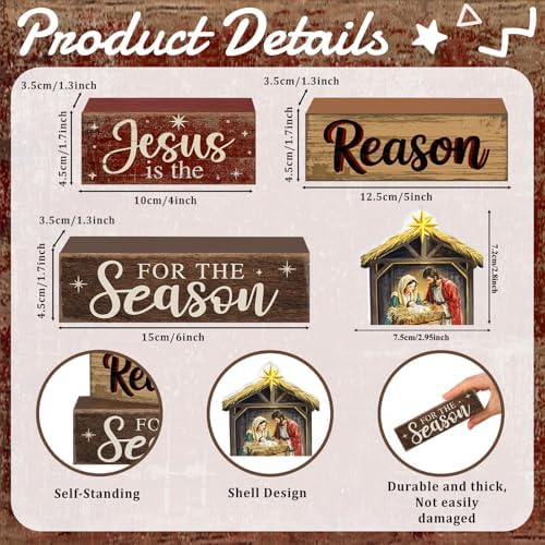 Moucuny 4 Pcs Christmas Table Decor Christian Nativity Scene Wooden Blocks - Image 3